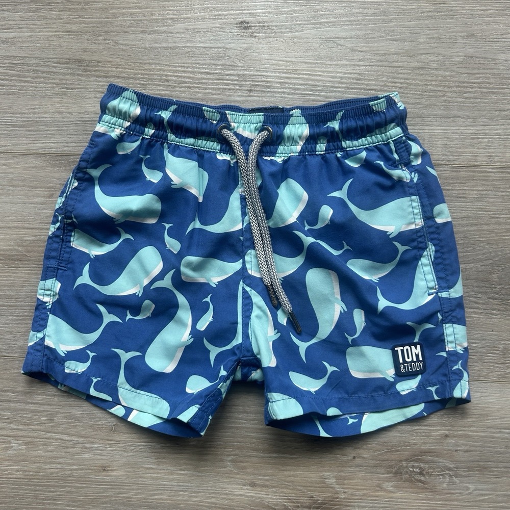 Boys Tom & Teddy Lined Swim‎ Trunks Size 3/4 Blue with Blue Sharks Colorful